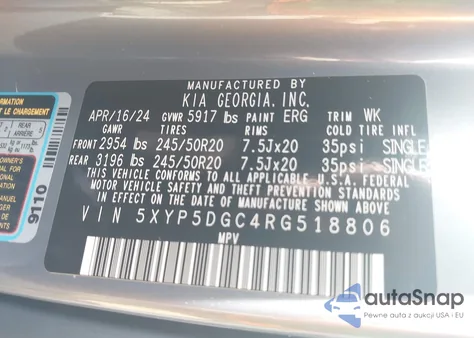 2024 Kia Telluride Sx Prestige X-Line из США, поврежденный, VIN 5XYP5DGC4RG518806